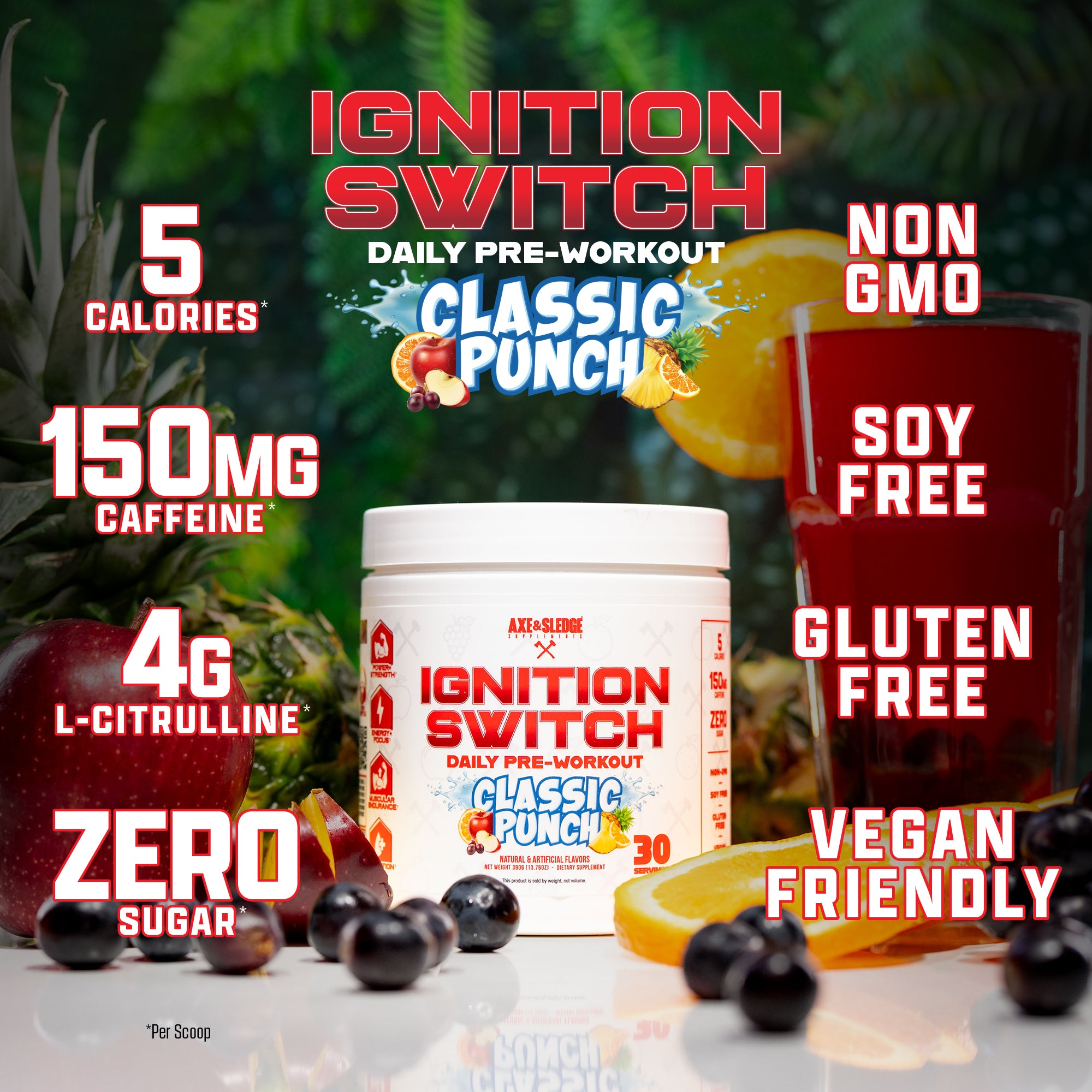 A pre-workout supplement labeled "Ignition Switch" with a "Classic Punch" flavor. Highlights include low calories, caffeine, and vegan-friendly ingredients.