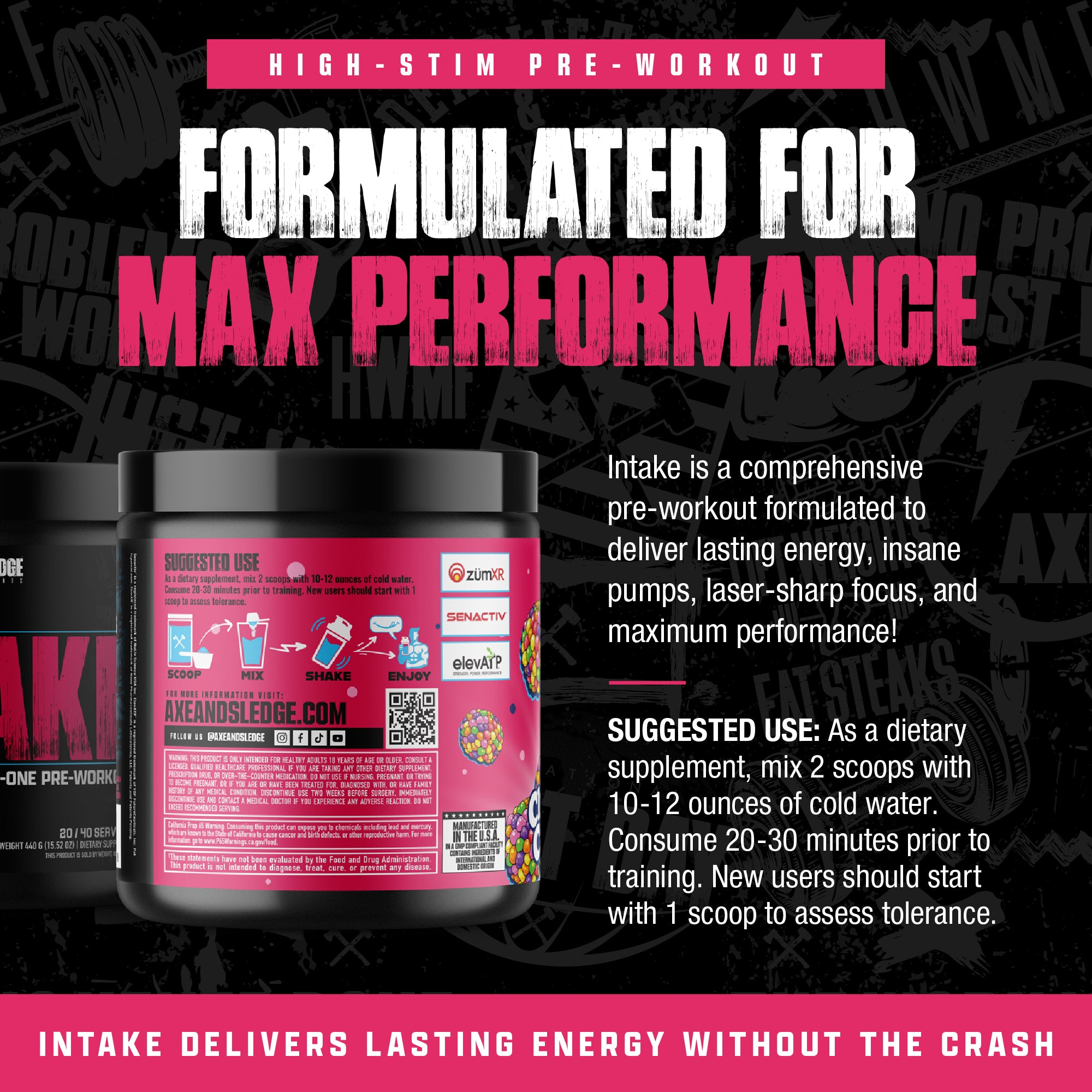 A vibrant pre-workout supplement container with bold text highlighting "Max Performance." It details usage instructions and benefits for energy and focus.