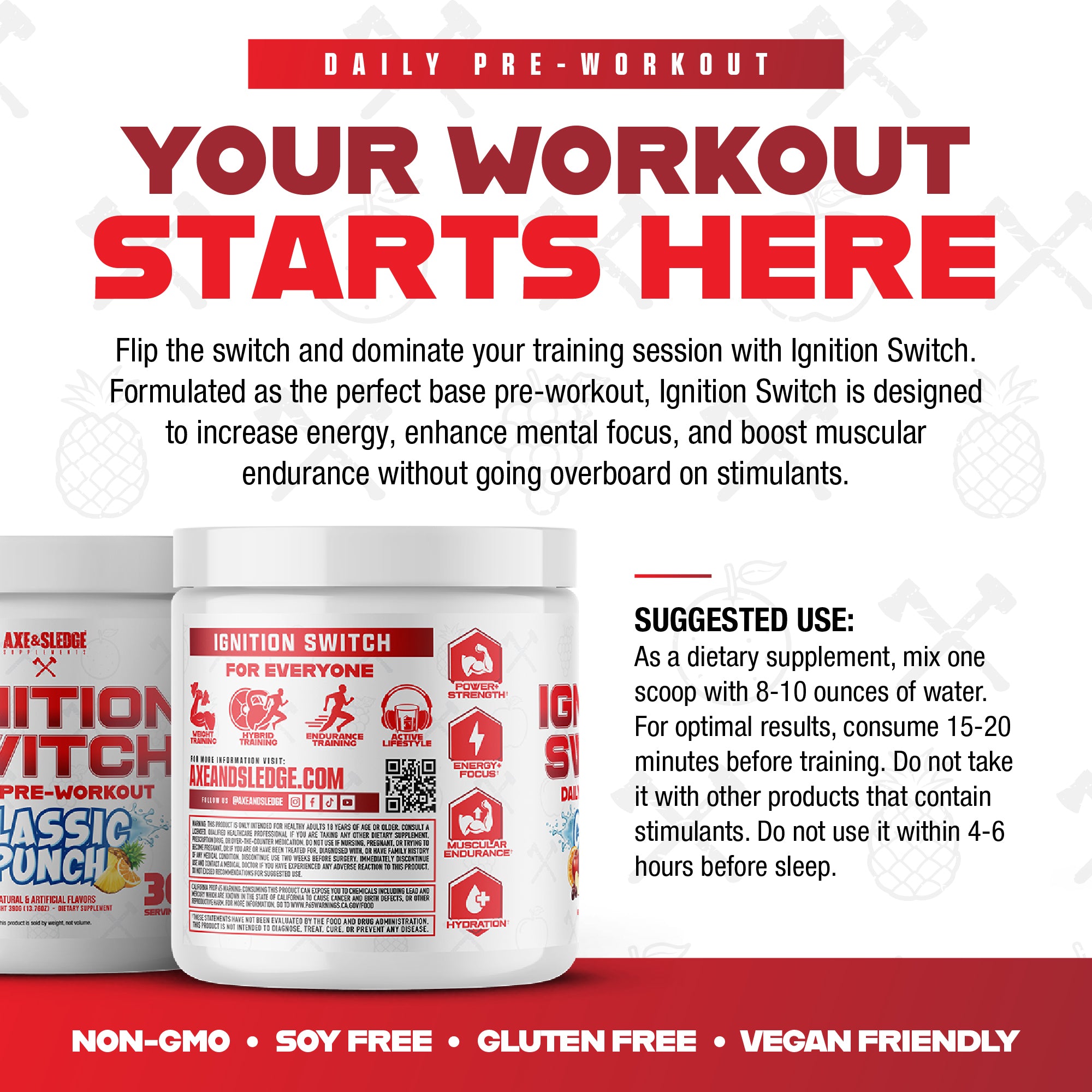 A promotional image for "Ignition Switch" pre-workout supplement, highlighting its benefits and usage instructions.