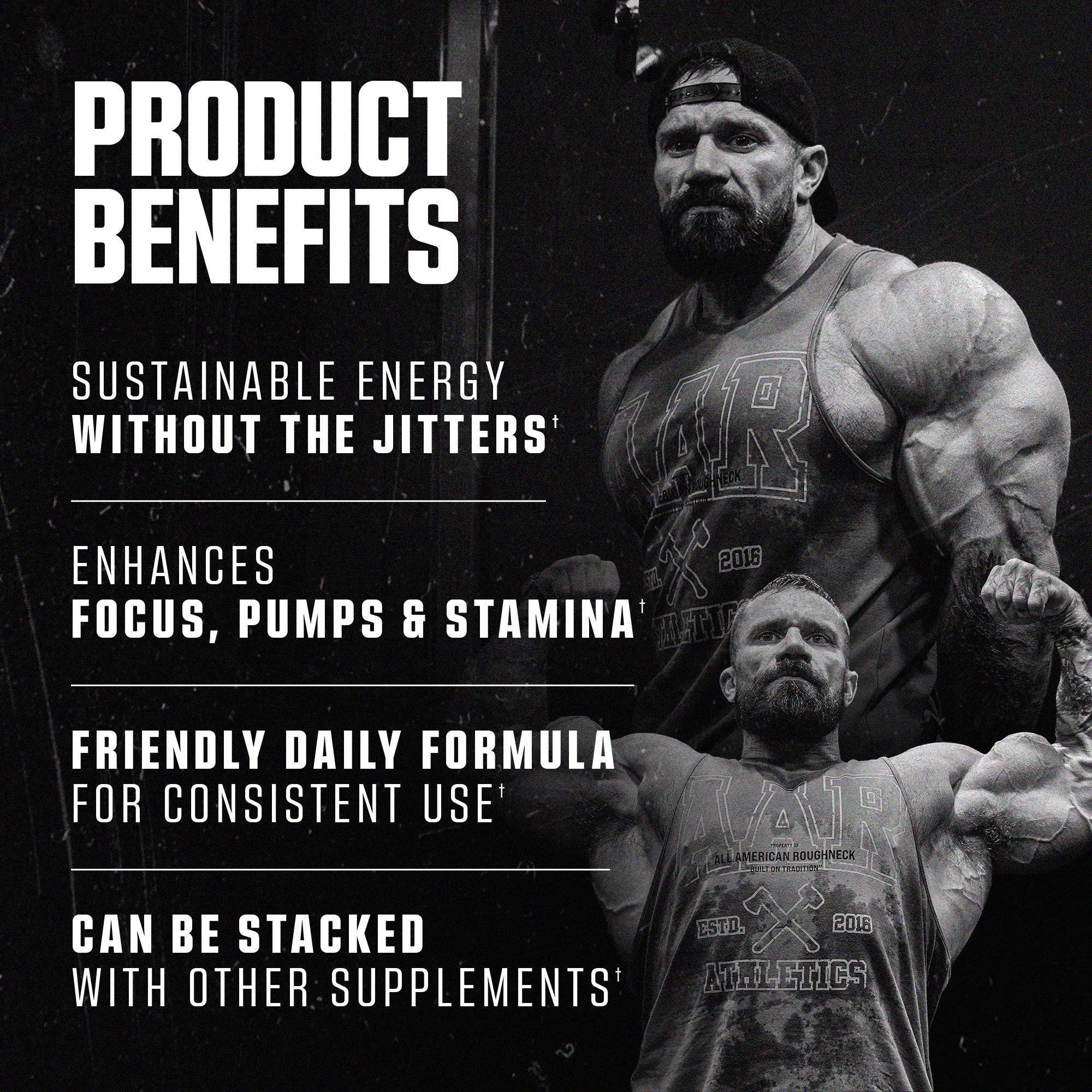 Image features a muscular individual with a beard, showcasing product benefits: sustainable energy, enhanced focus, daily formula, and stackable with other supplements.