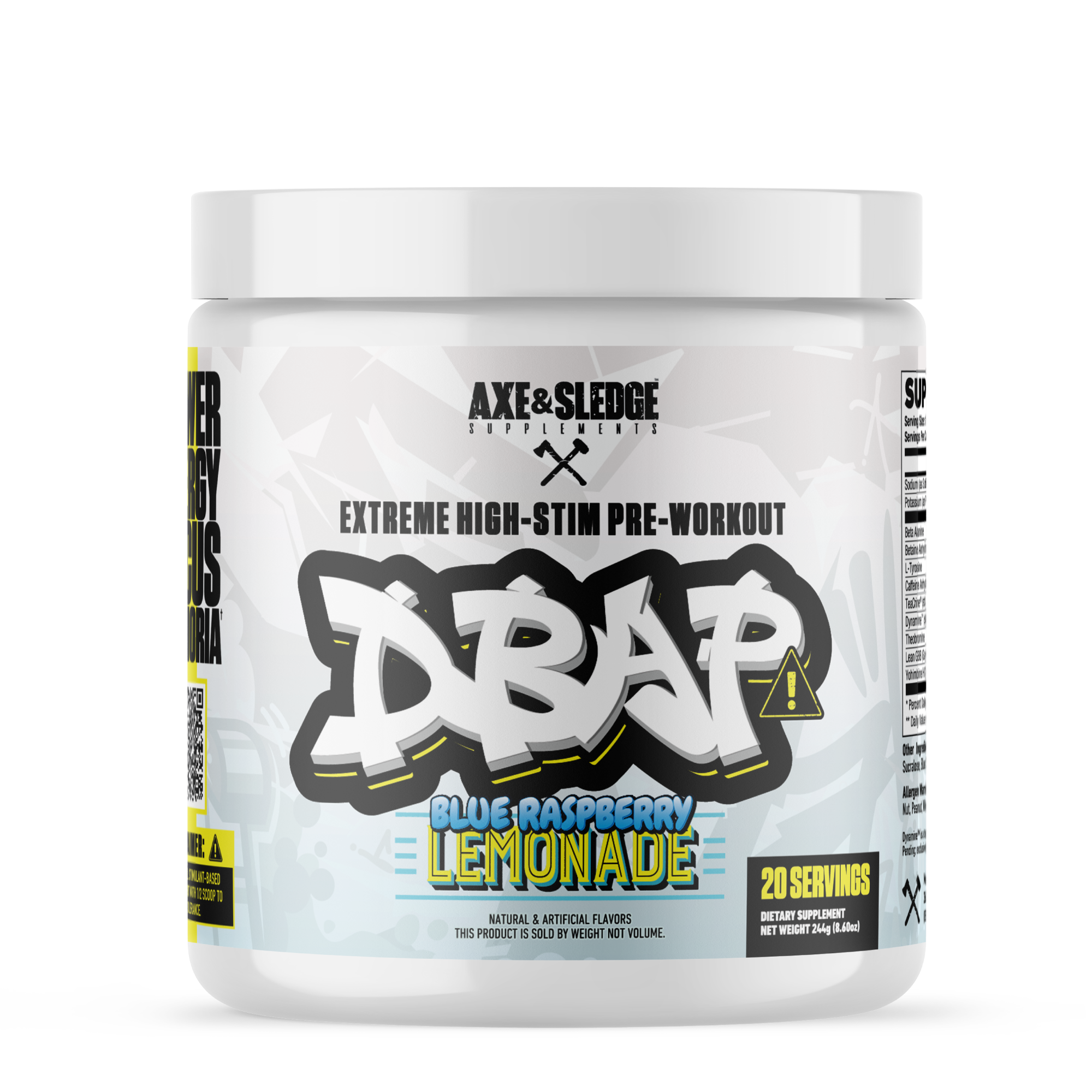 A container of Axe & Sledge DBAP pre-workout supplement in Blue Raspberry Lemonade flavor, featuring bold graphics and 20 servings.