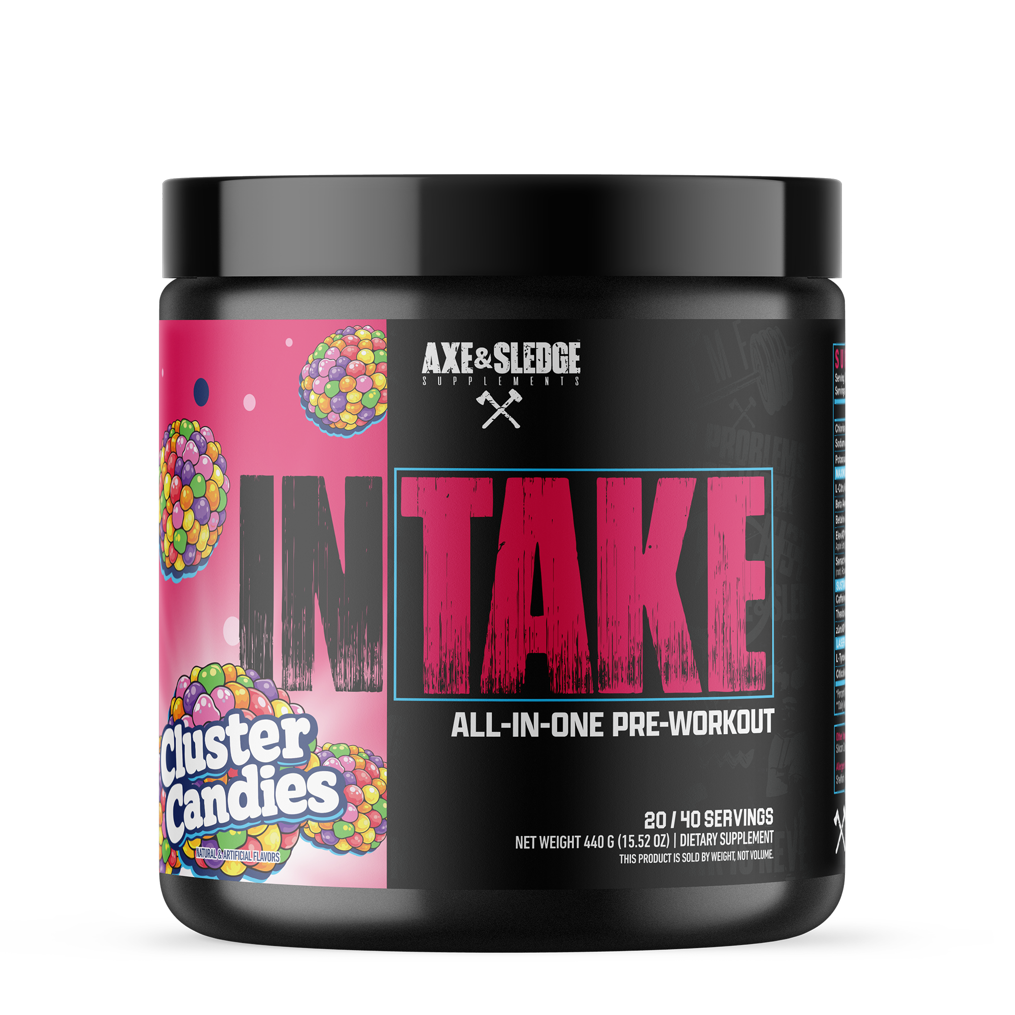 A container of "IN TAKE" all-in-one pre-workout supplement by Axe & Sledge, featuring a colorful design with candy graphics.